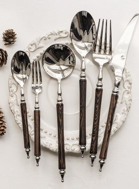 304不锈钢ins法式轻奢复古vintage贵族木柄西餐勺意面叉甜品勺