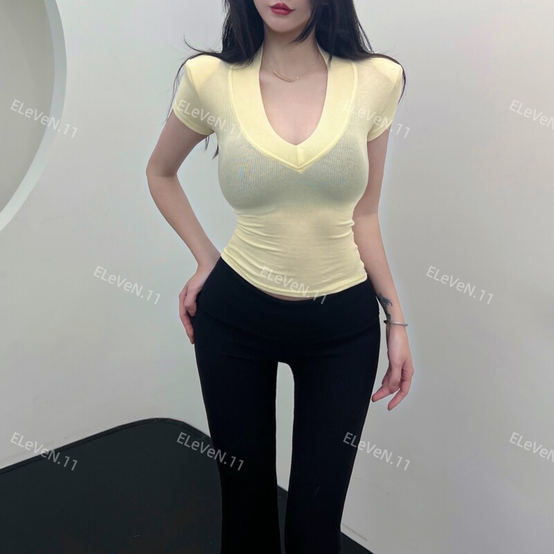 自带好身材！甜欲鹅黄色辣妹风V领收腰短袖T恤女夏季显瘦打底上衣