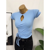 现货日常性感 T恤绑带上衣内搭打底夏2025 女人味水滴镂空显胸短袖