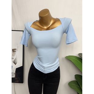 上衣内搭2025春 T恤短款 自留天蓝色 纯欲风性感显身材方领紧身短袖