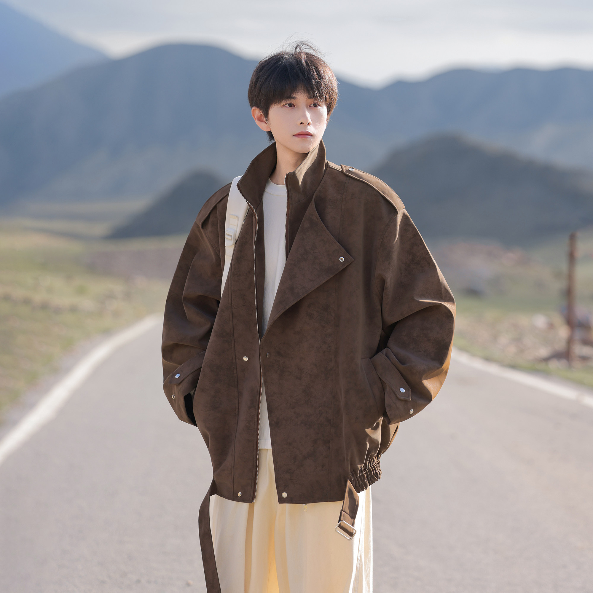 2026春装新款大码肩章宽松皮衣夹克外套JK131P98控158，男装夹克，电商A031