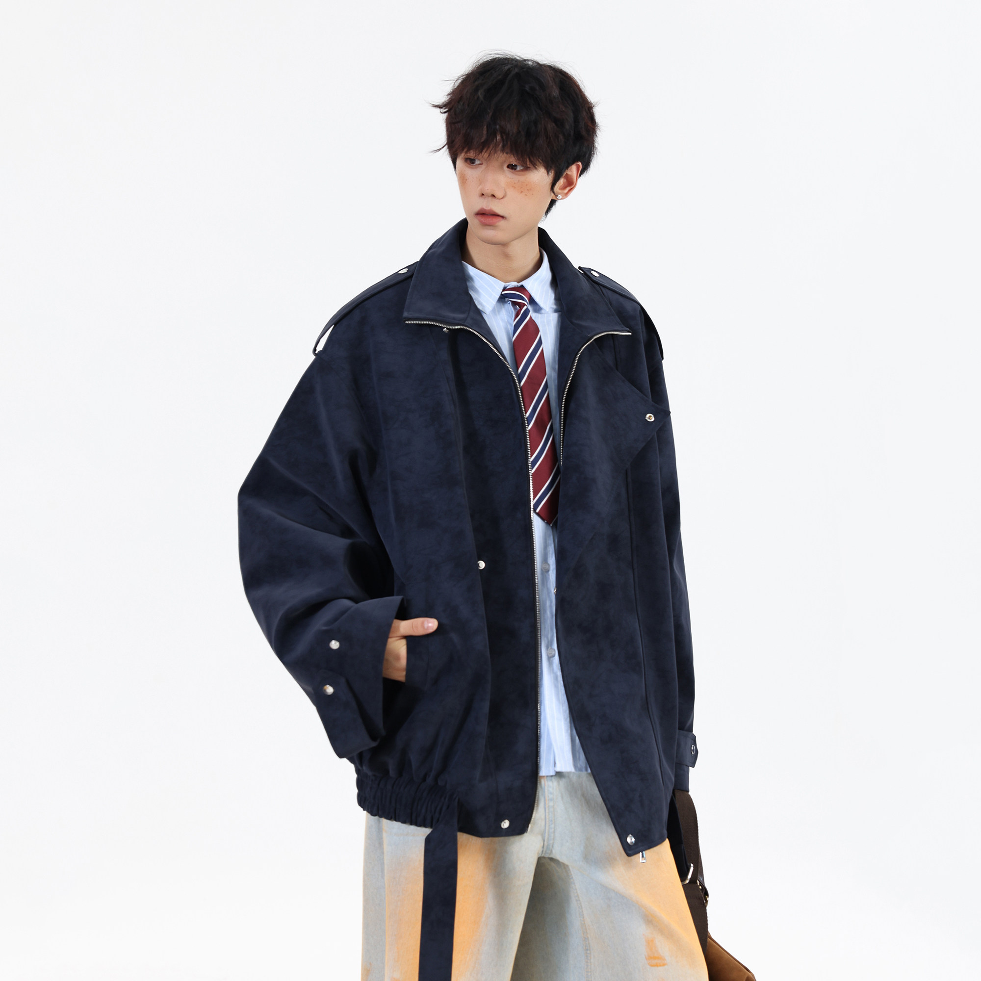 2026春装新款大码肩章宽松花纹皮衣夹克外套JK131P98控158,男装夹克,电商A031