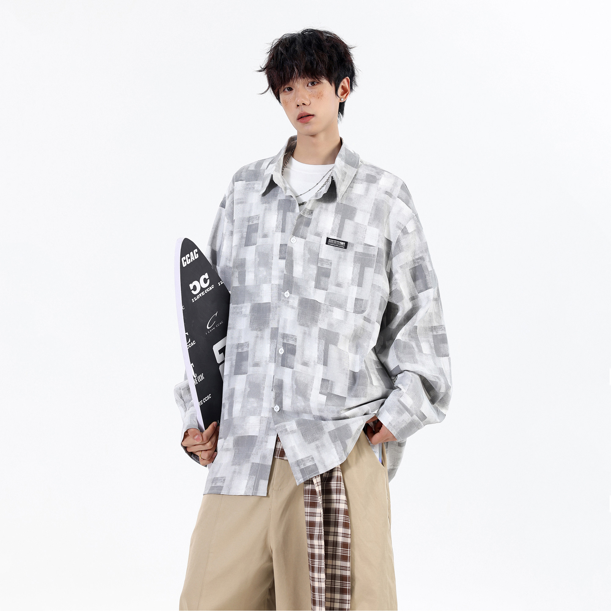 短改长春装新款墨染格纹大码宽松长袖衬衫CXS20P58控78，男装衬衫，电商A031