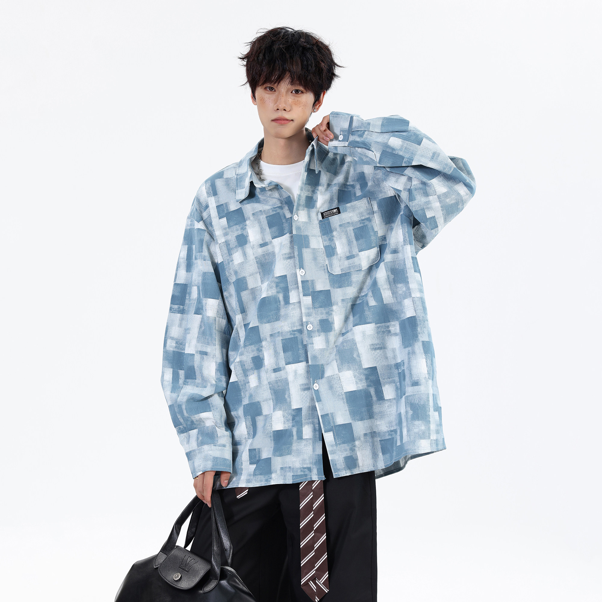 短改长春装新款墨染格纹大码宽松长袖衬衫CXS20P58控78，男装衬衫，电商A031