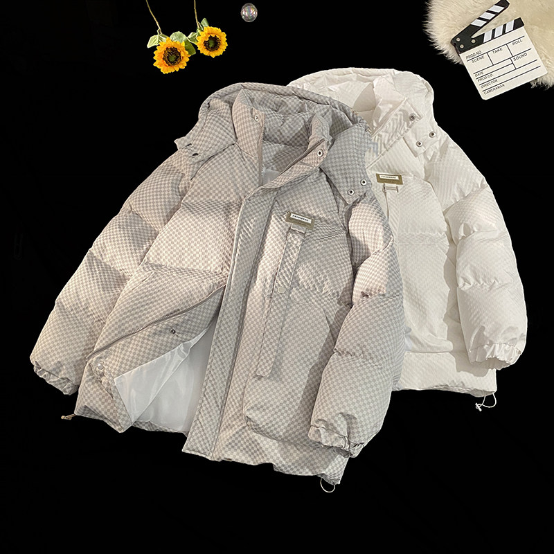 24冬装新款肌理感方格宽松大码港风连帽男女棉衣MY08P128控178,男装棉衣,电商A031