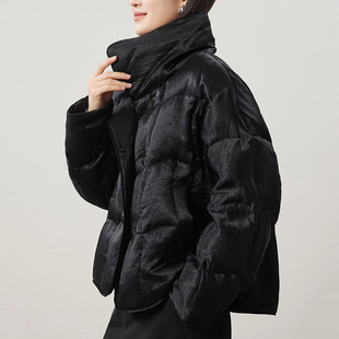 光泽感皱面醋酸 高端鹅绒服 90白鹅绒立领短款羽绒服女装冬季新款