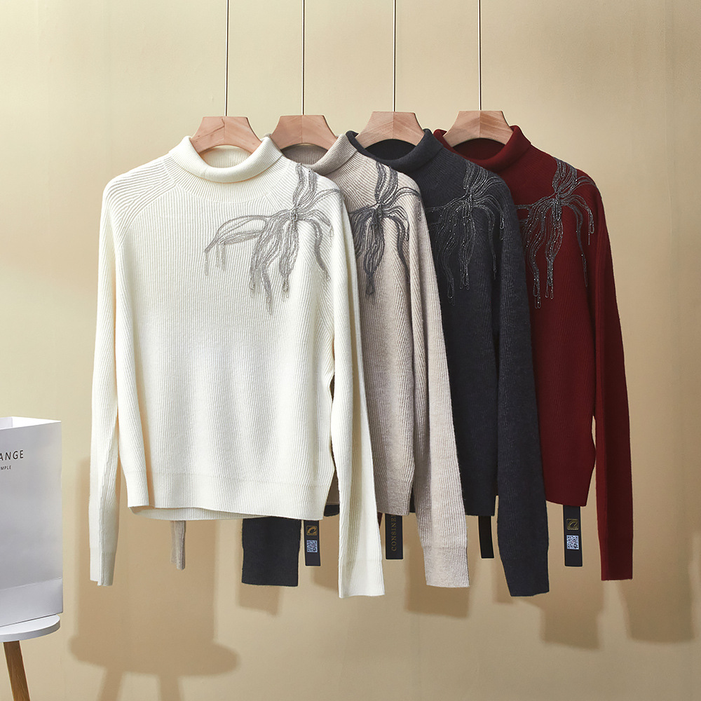 冬季意大利BC新款羊绒上衣立领宽松重工珠链流苏百搭羊绒针织毛衣