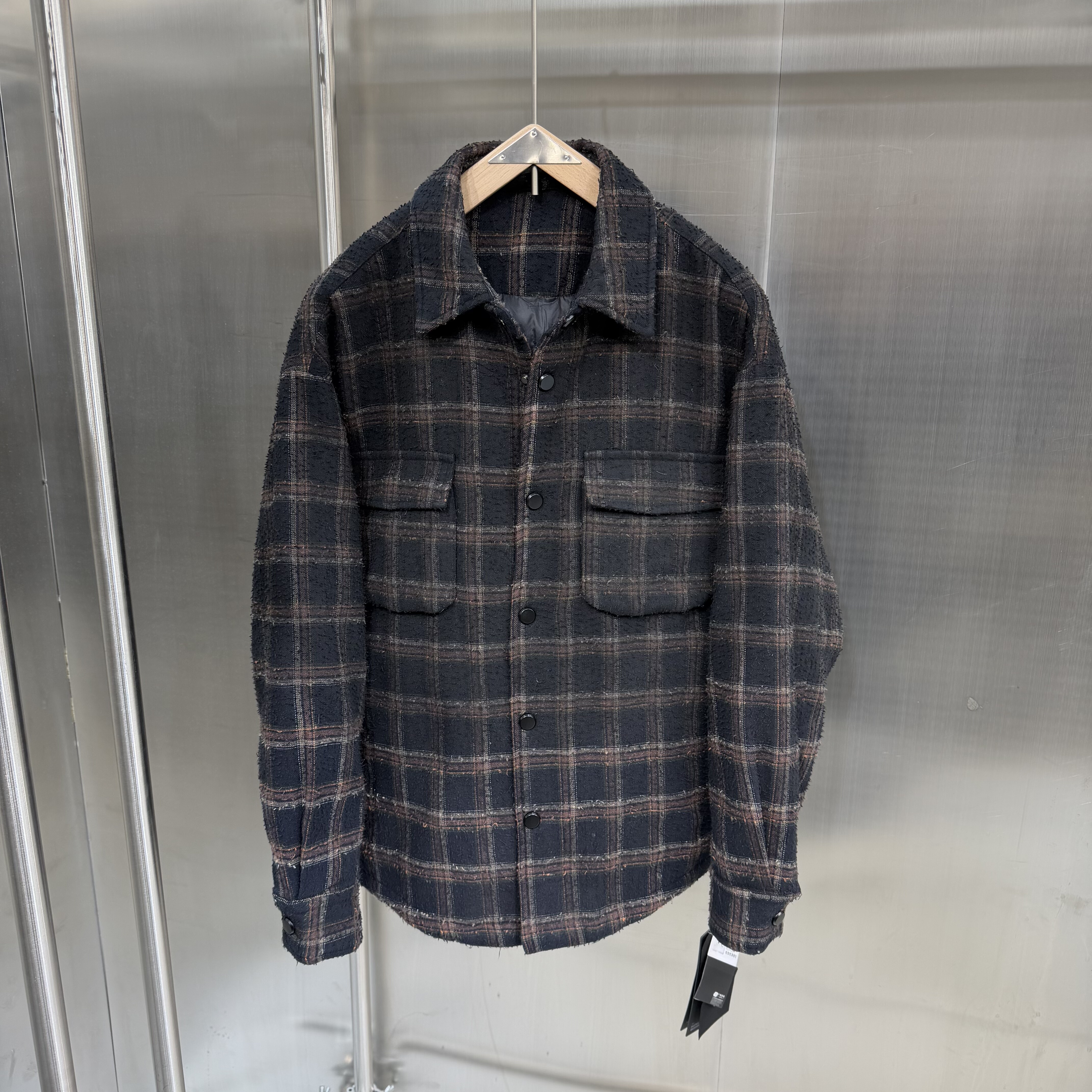 白鸭绒 刮烂做旧磨毛处理 复古格子 超轻薄 保暖羽绒长袖衬衫外套