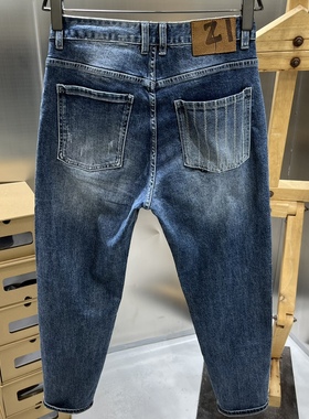 日系高街潮牌微轮廓小脚弹力水洗复古蓝色牛仔裤男裤