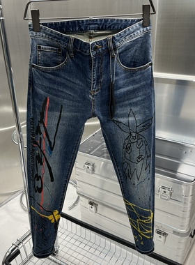 日系高街儒雅做旧水洗复古蓝色修身小脚弹力牛仔裤男四季款男裤潮