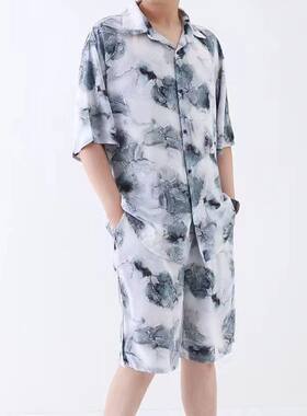 新款绵绸夏季男士薄短裤短袖套装