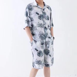 2024新款绵绸夏季男士薄款短袖短裤人造棉家居服套装休闲开衫宽松