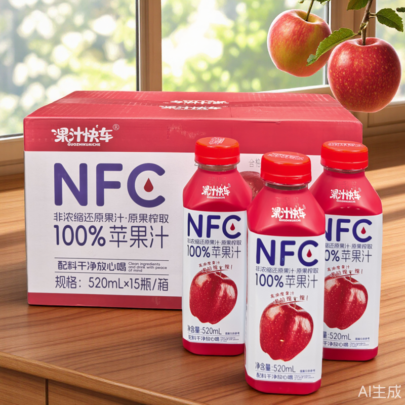果汁快车NFC100%苹果汁饮料非浓缩还原果汁鲜果榨汁520ml*15整箱