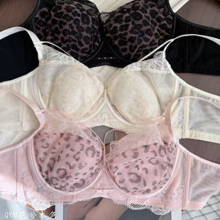 性感豹纹内衣法式纯欲蕾丝女薄款大胸显小上托聚拢防下垂水晶杯