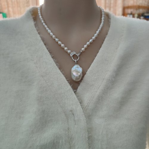 手作新品一款多戴天然淡水大巴洛克强光吊坠珍珠锁骨毛衣项链