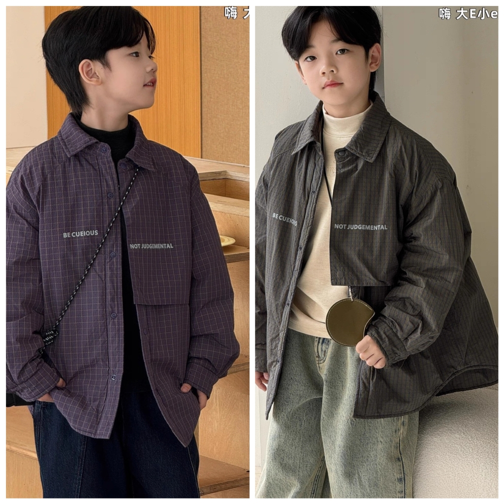 嗨大E小e2025冬新款2836格子夹棉衬衣外套中大童男女童可亲子