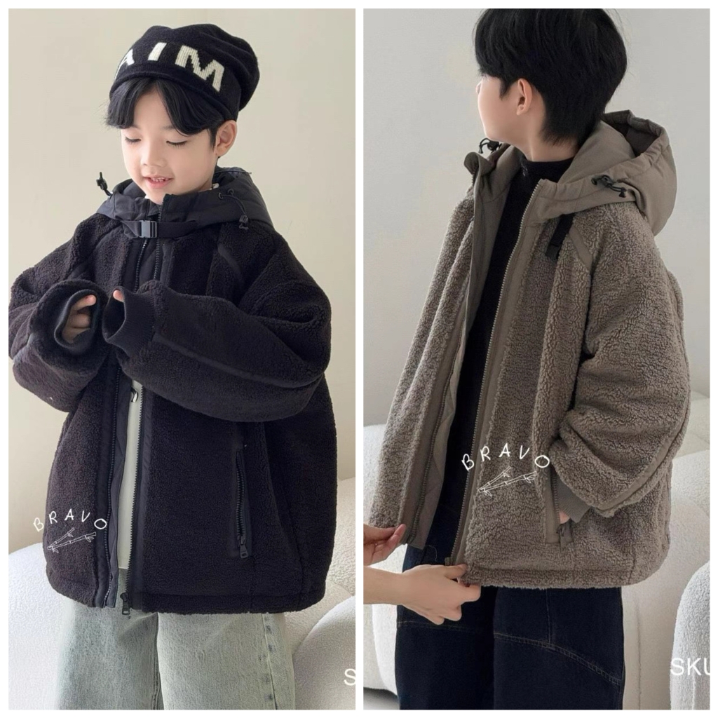 布芮欧2025冬新款77032皮毛一体连帽外套中大童男女童可亲子