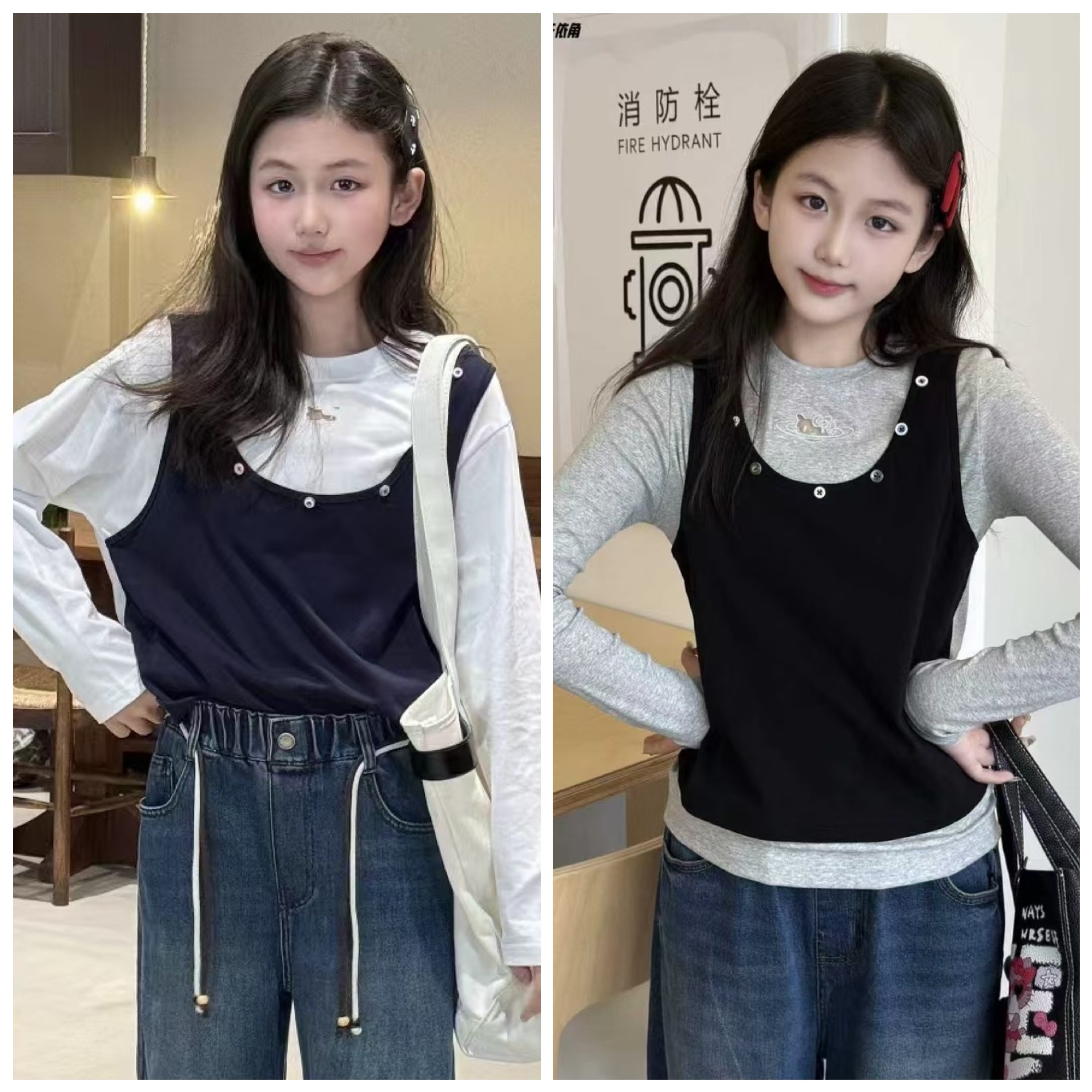 天依角2025秋18036新款KT猫假两件T恤中大童女童可亲子