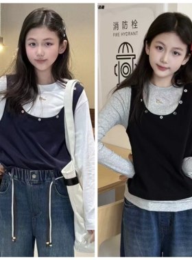 天依角2025秋18036新款KT猫假两件T恤中大童女童可亲子