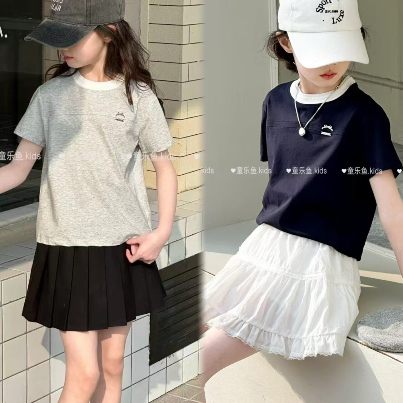 特童乐鱼2025夏5962新款简约百搭miu 系短袖T恤中大童女童可亲子