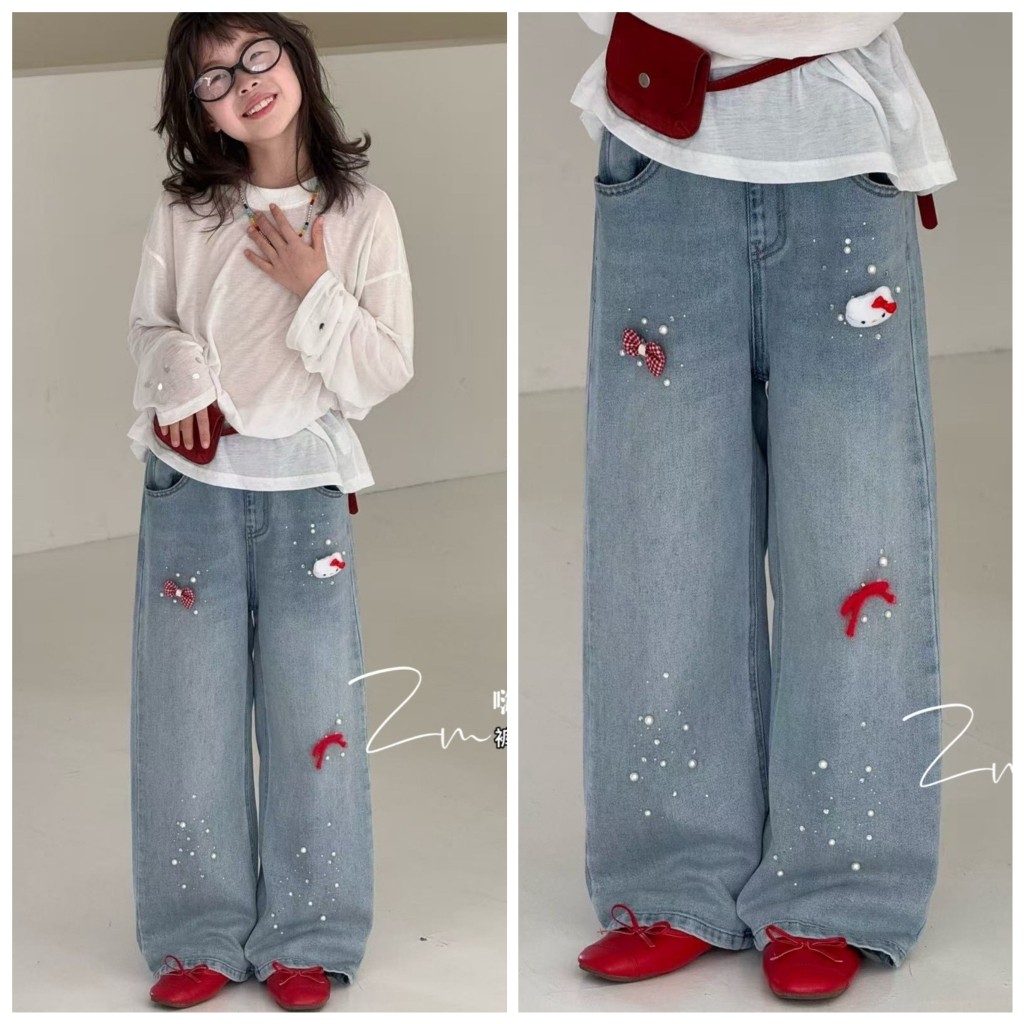 嗨大E小e2026春新款9225烫钻KT牛仔直筒裤中大童女童亲子