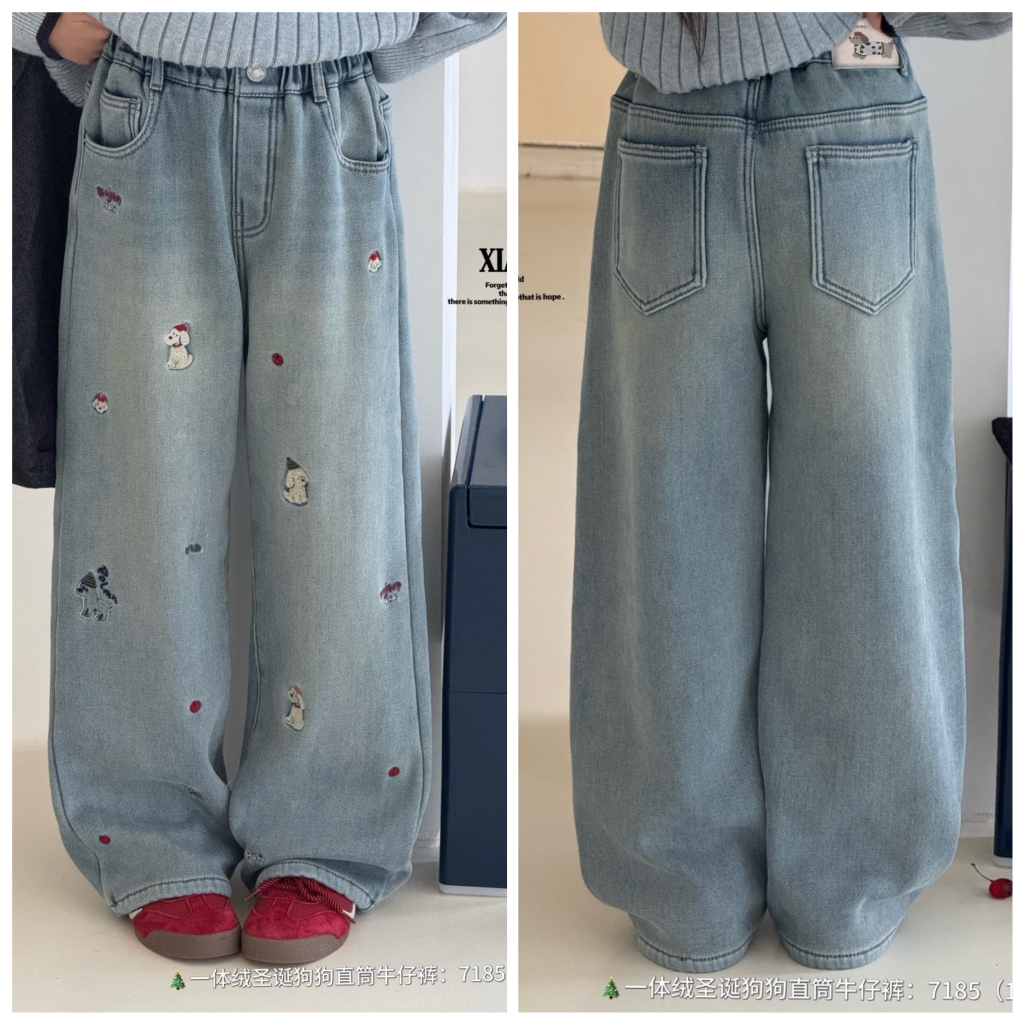 小智同学2025冬新款7185刺绣圣诞加绒直筒牛仔裤中大女童亲子