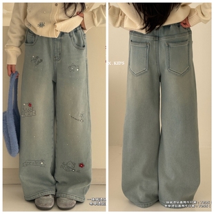 特小智同学2026春冬7255新款7235烫钻KT猫直筒加绒牛仔裤女童亲子