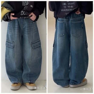 小智同学2025冬新款7192一体加绒牛仔工装裤中大童男女童可亲子