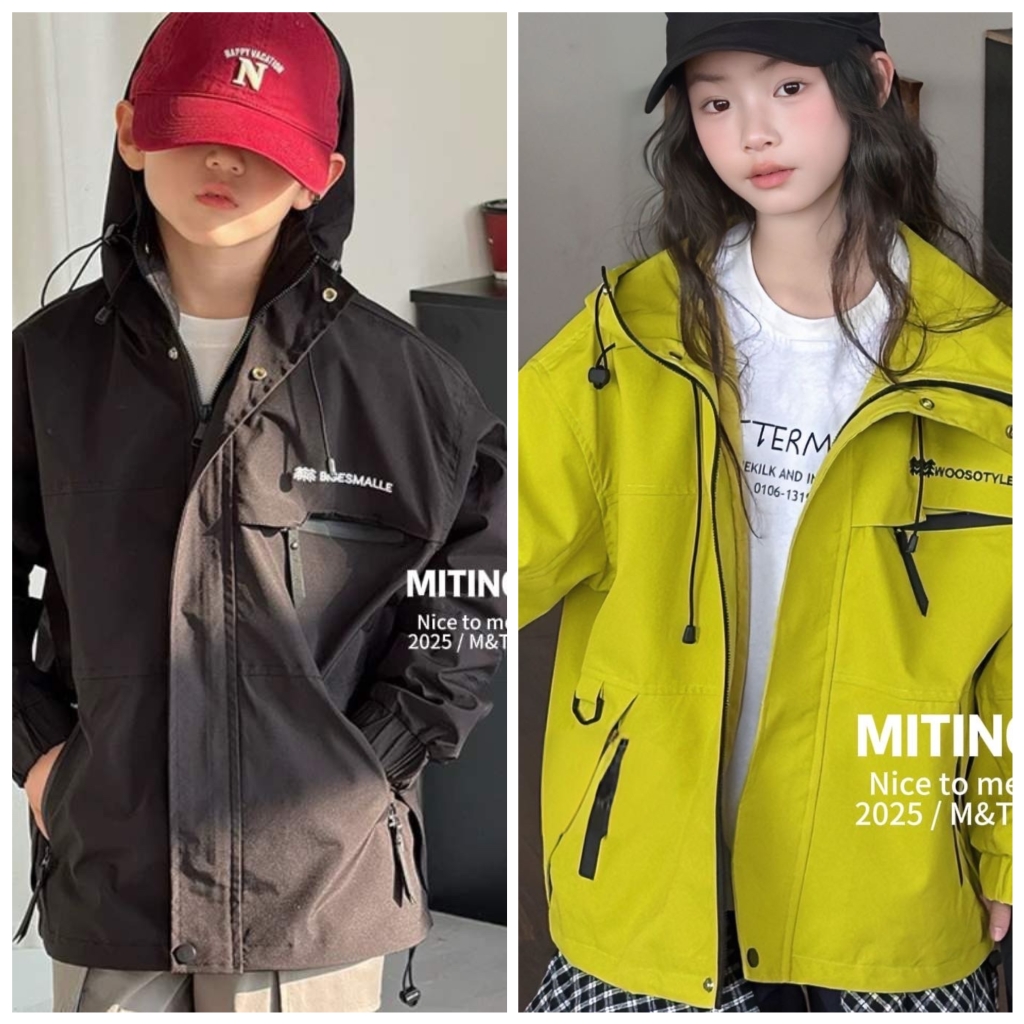 品牌同版同厂2025秋5613新款高品质连帽冲锋衣外套中大男女童亲子