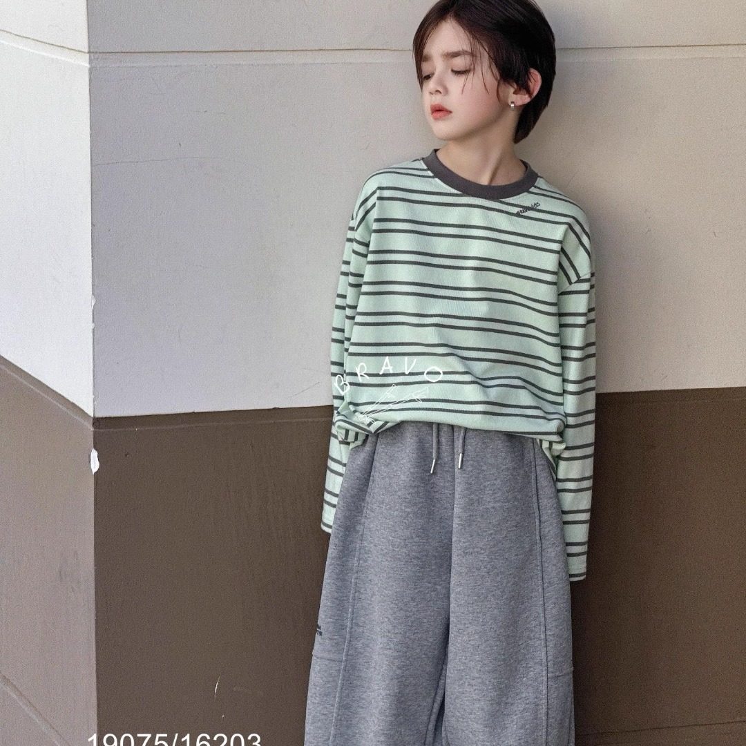 特布芮欧2025秋16203新款条纹圆领T恤中大童男女童中性可亲子