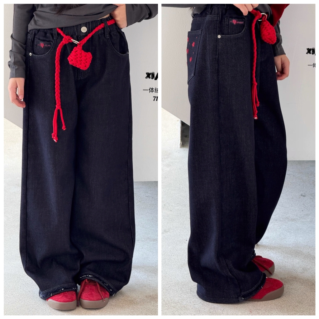 小智同学2025冬新款7130加绒原色直筒牛仔裤中大童女童可亲子