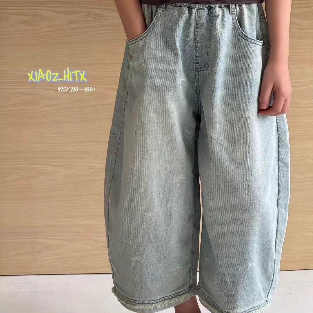 特小智同学2025夏9751薄款蝴蝶结8分牛仔奶奶裤中大童女童可亲子