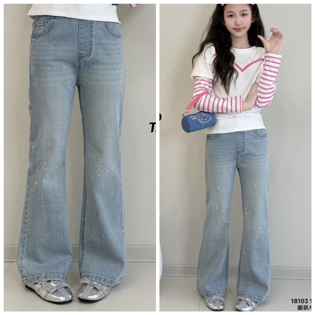 天依角2026春新款18103烫钻牛仔喇叭裤中大童女童可亲子