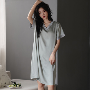 日本MUJIΕ夏季 高级感仿真丝绸睡衣 冰丝女士睡裙短袖 家居服中长款