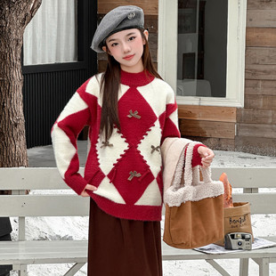 圆领加厚菱形蝴蝶结针织衫 2026款 music女童秋冬毛衣韩版 英国next