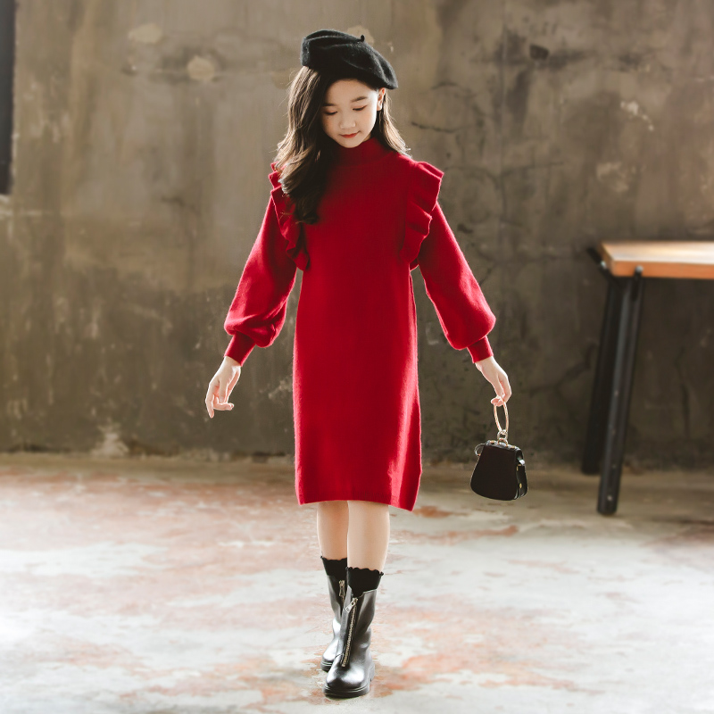 英国next music女童红色连衣裙秋冬2025新款加厚中大童春装毛衣裙