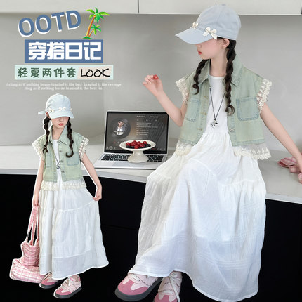 英国next music女童连衣裙夏季2025款薄款花边牛仔马甲公主裙套装