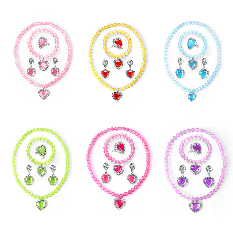 女童冰雪奇缘爱莎公主饰品 爱心宝石项链手链戒指耳环四件套套装