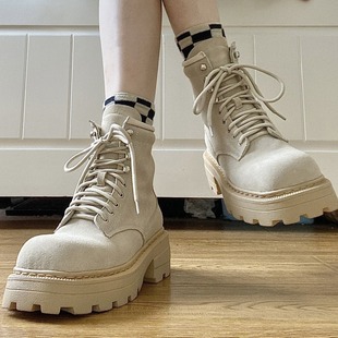 大头系带高帮大黄靴百搭鞋 英伦风厚底靴女方头靴子夏季