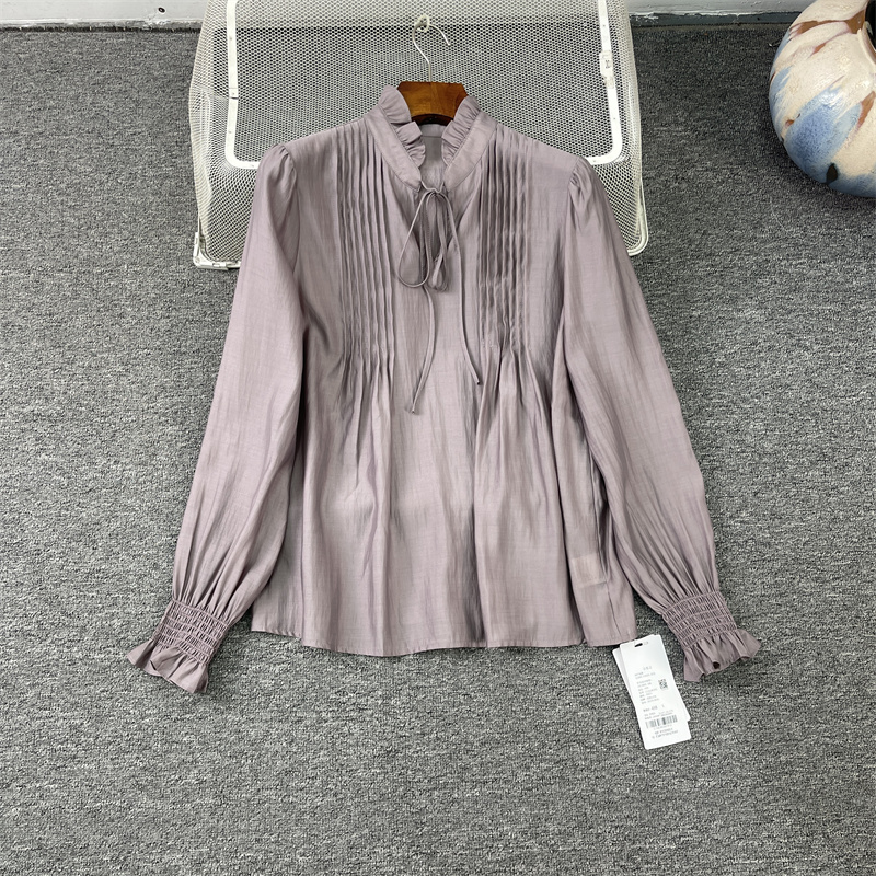 莱赛尔舒适花边系带领长袖衬衫