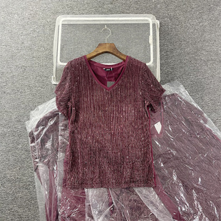 外贸尾单 欧美跑单款 亮片针织拼接V领 大码宽松T恤上衣