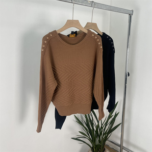 外贸英G捡漏余单 秋冬季波浪折纹蝙蝠袖圆领大码针织毛衣上衣