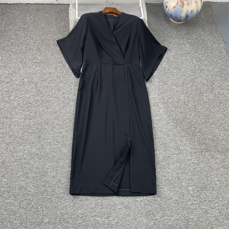 职场女神V领前开叉修身连衣裙