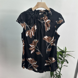 黑底花色 仿缎面 飞飞短袖 高雅大码 上衣 外贸欧美 衬衫 捡漏DAN