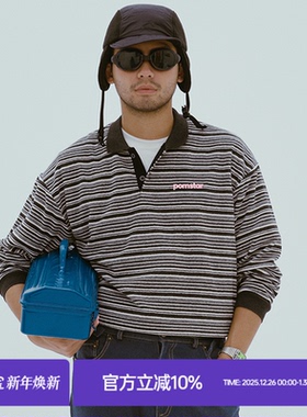 MilkShot P*rnstar刺绣黑白条纹长袖Polo衫男士宽松休闲秋冬上衣