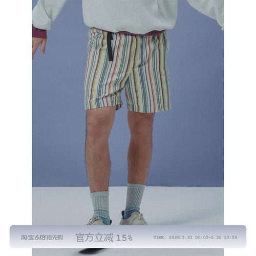 Milkshot 古法粗织多彩条纹五分裤可调节机能风腰带夏季男士短裤