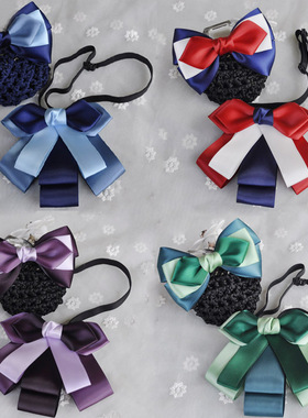 韩风银行领结头花套装移动护士空姐领花女士领巾职业网兜红紫蓝色