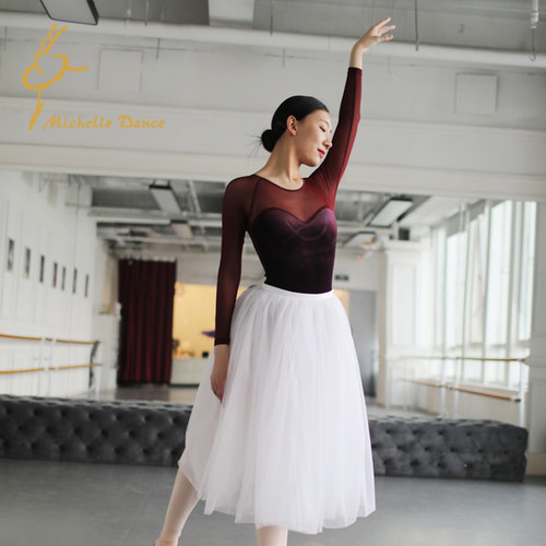 MichelleDance 超美高贵丝绒网眼长袖芭蕾连体服首席同款