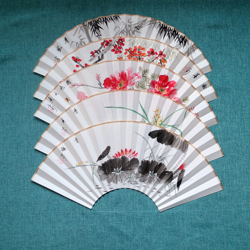 单面手绘宣纸扇面仿古花鸟鱼虫梅兰竹菊图反面空白洒金折扇备用
