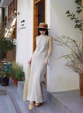 45度斜裁高支荃亚麻  新中式清冷感无袖连衣裙气质背心裙